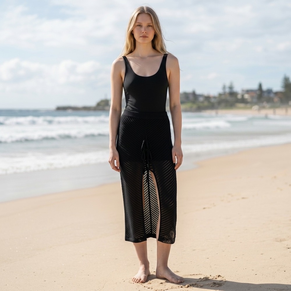 DOTTI Black Crochet Knit Maxi Skirt Lace Up‎ Slit Beach Cover Up One Size